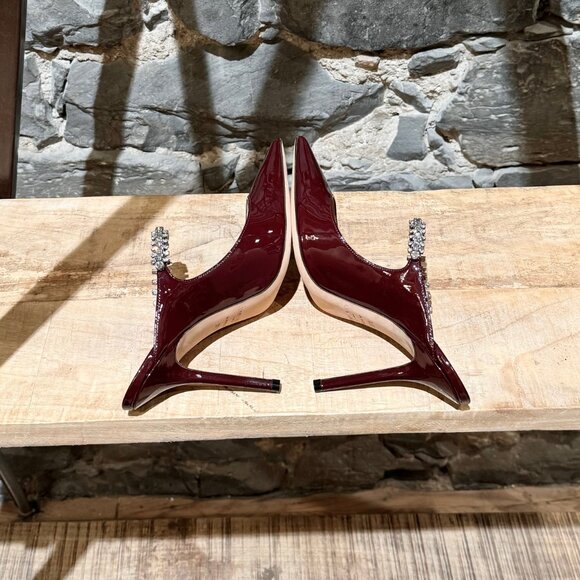 Jimmy Choo Burgundy Patent Bing 100 Crystal-Embellished Heeled Mules - Picture 10 of 11